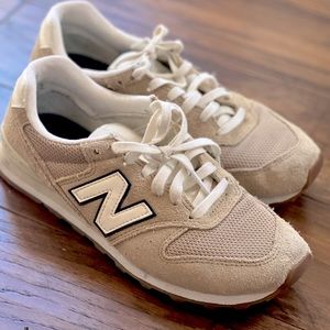 Size 8 neutral / khaki / white New Balance sneakers with silver detail on logos